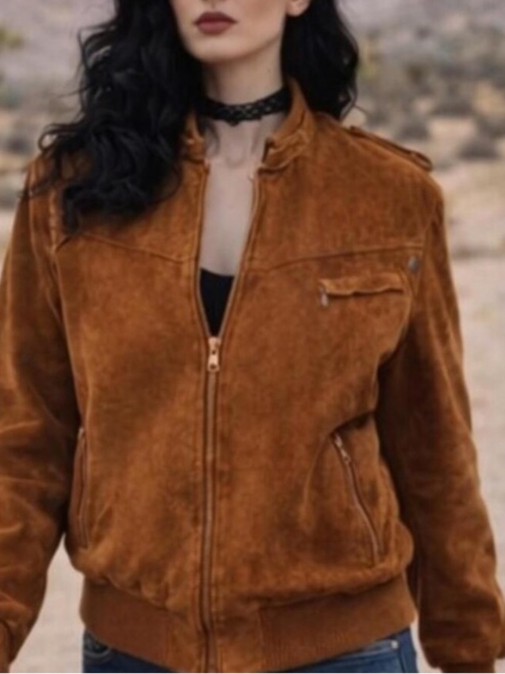 Camel Cognac Brown Suede Bomber Jacket Sherpa Lined TALL LONG Vintage LIKE NEW